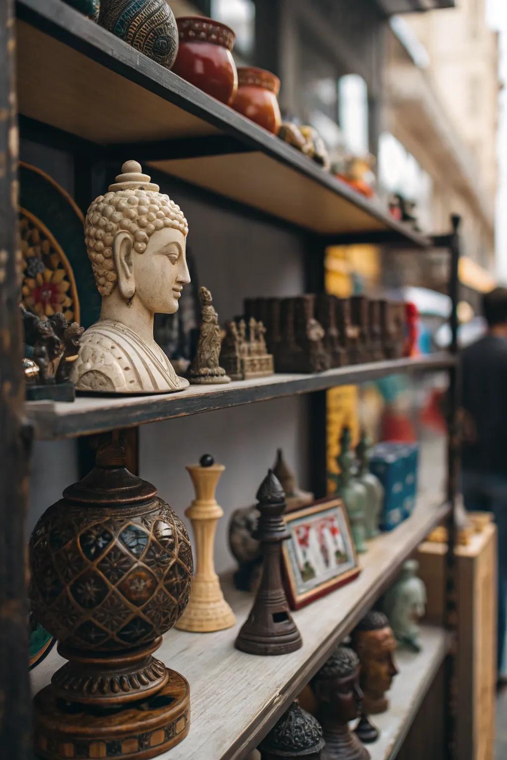 Create an impact with ornamental pieces on your shelving.