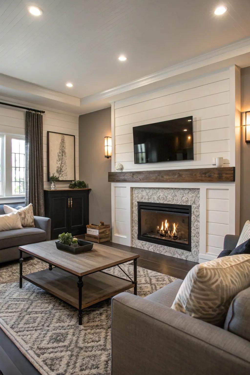 A dual-tone shiplap fireplace injecting depth and elegance.