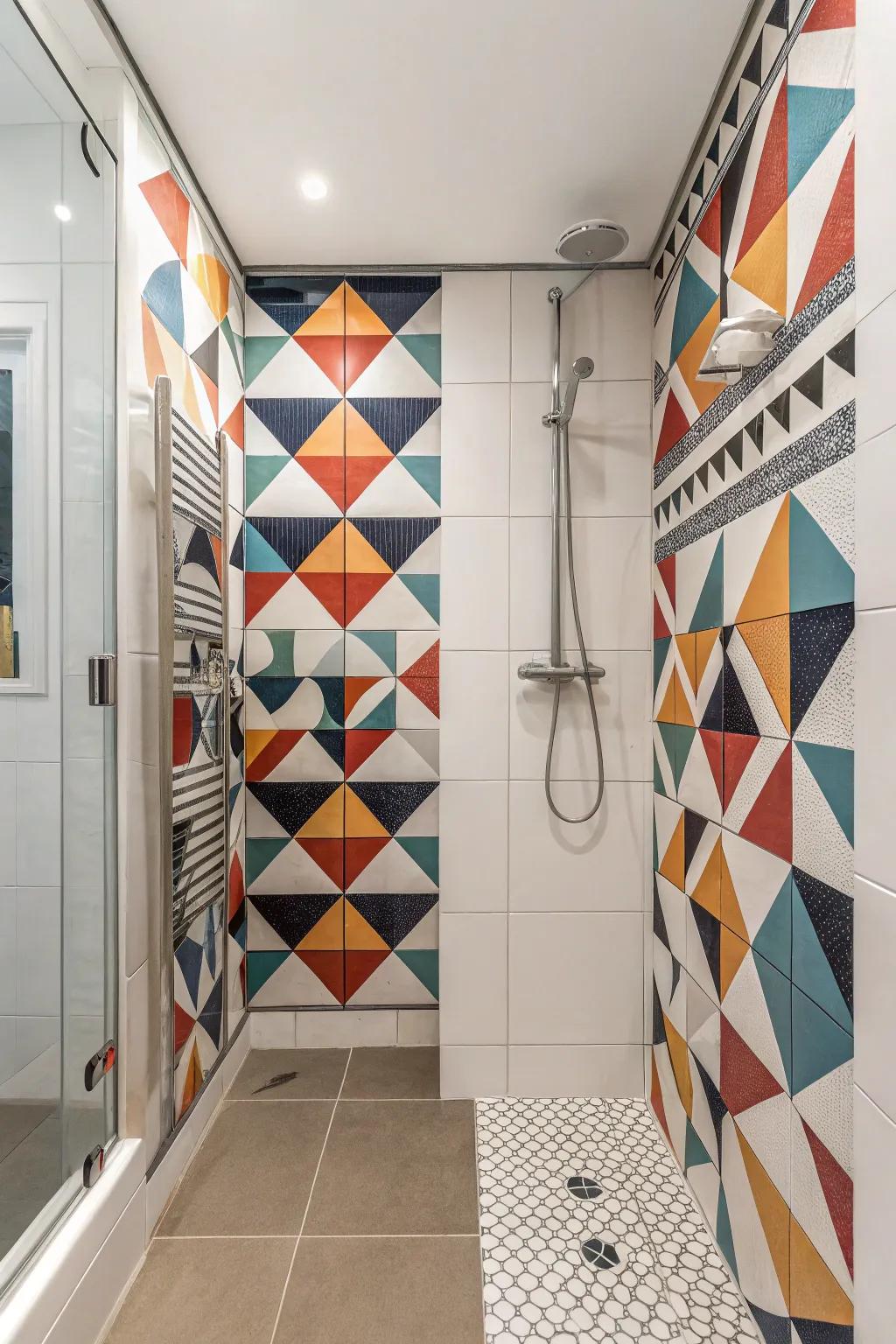 A shower showcasing inventive geometrical tile patterns, resulting in a striking appearance.