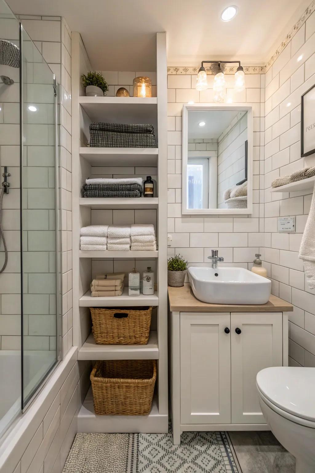 Smart storage solutions maintain organization in this compact bathroom.