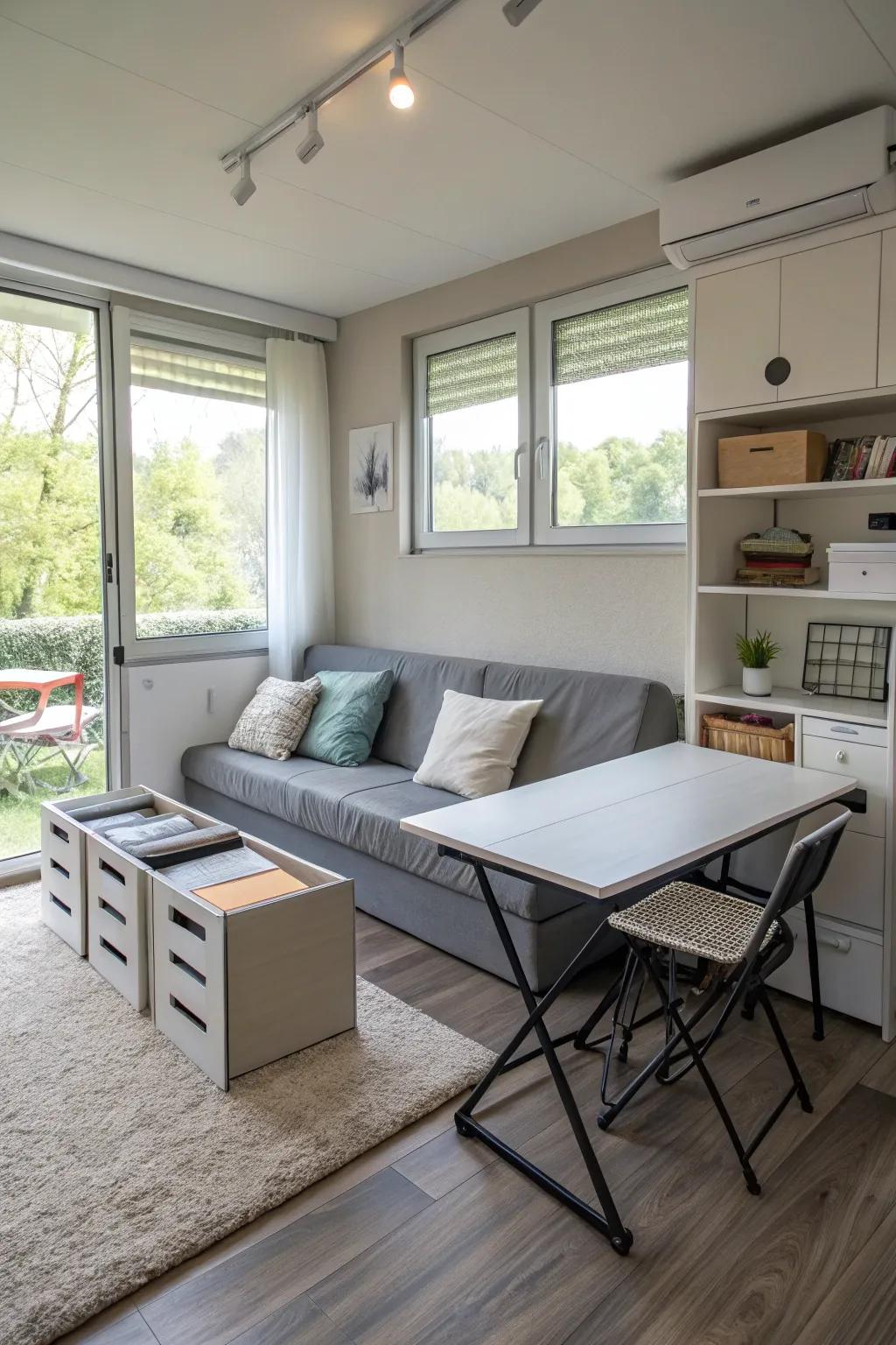 A functional design in a small, modern living area featuring multi-purpose furniture.
