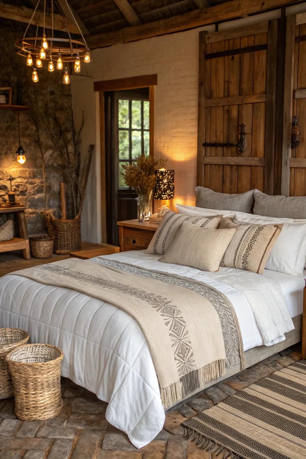 Organic fabrics bring comfort and depth to a modern Spanish bedroom.