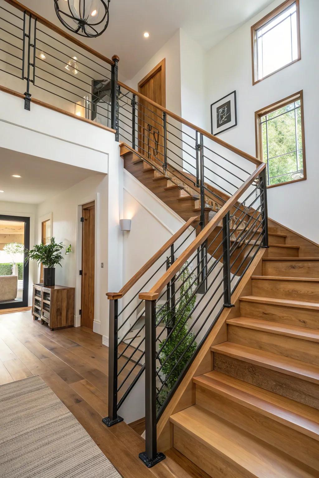 Mixed-material railings enrich the design by adding dimension.