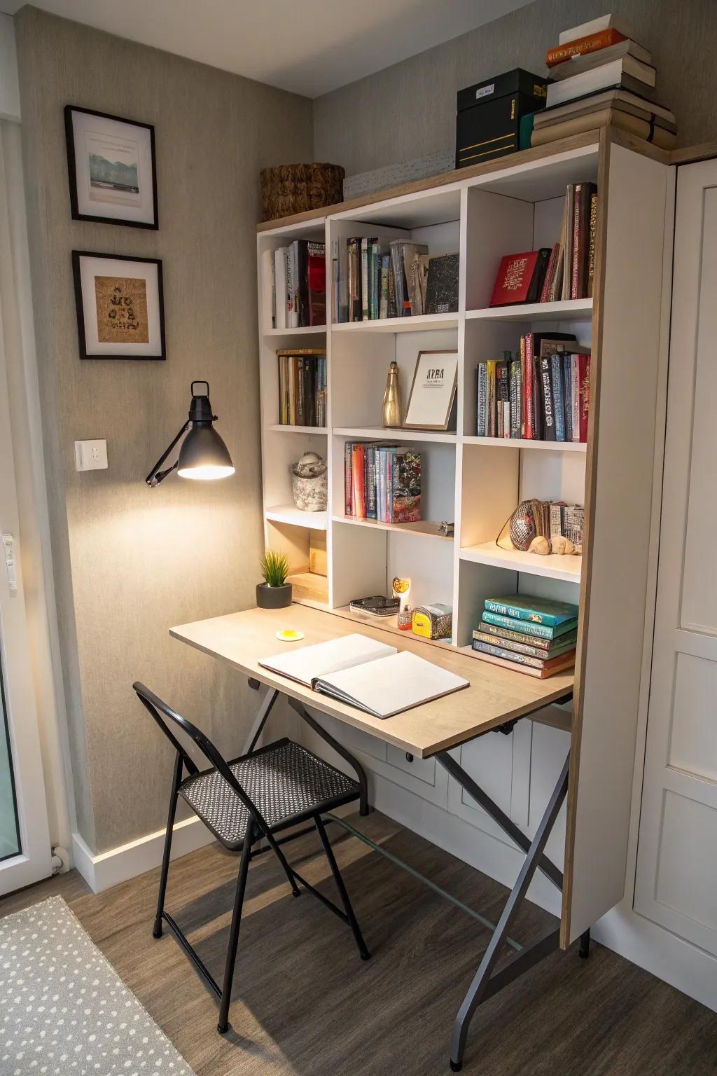 A space-saving study room featuring clever storage solutions.