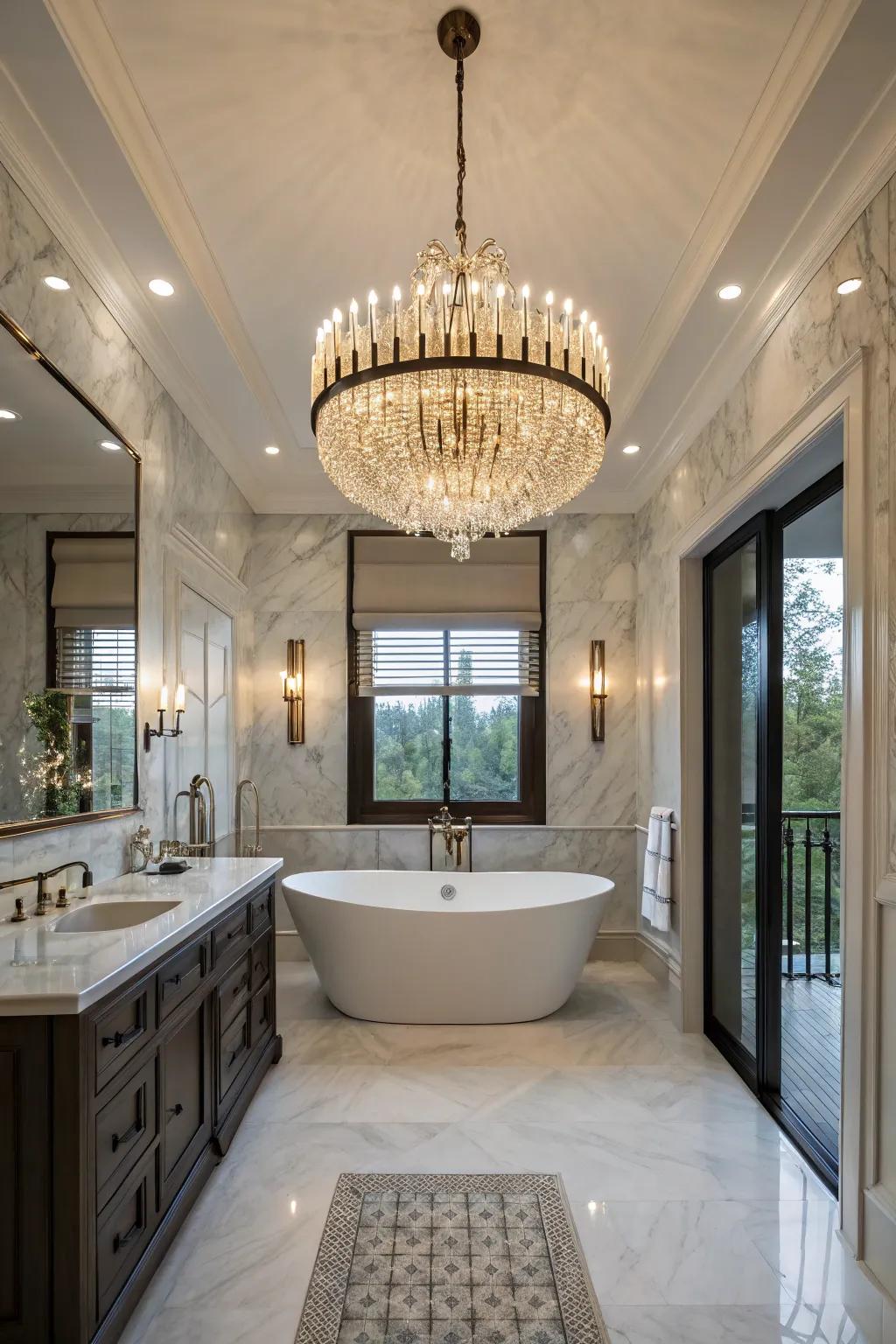 A statement chandelier enhancing bathroom opulence.