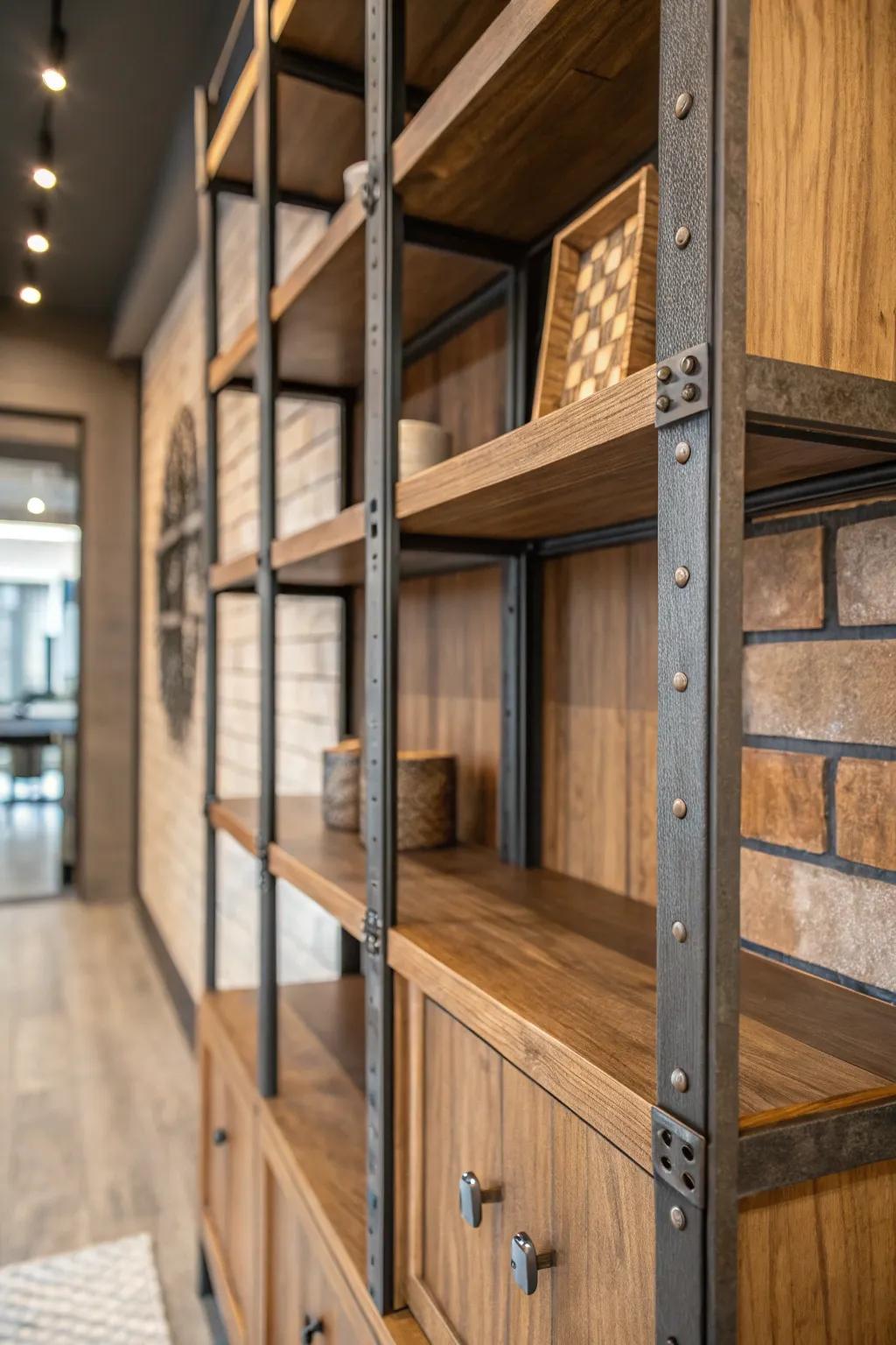 A wall niche integrating timber and metal features for a textured aesthetic.