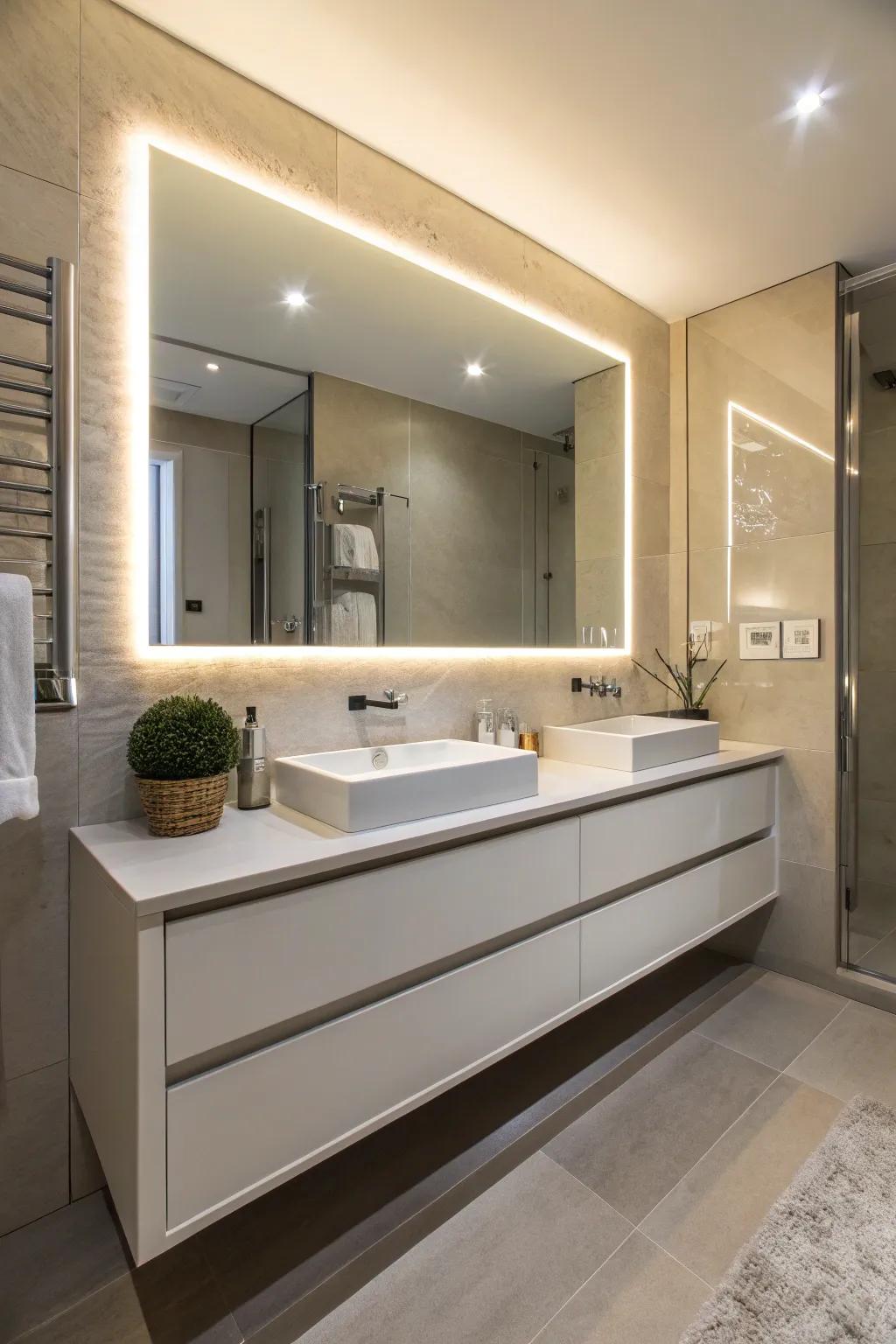 A sense of airy openness comes from suspended sinks.