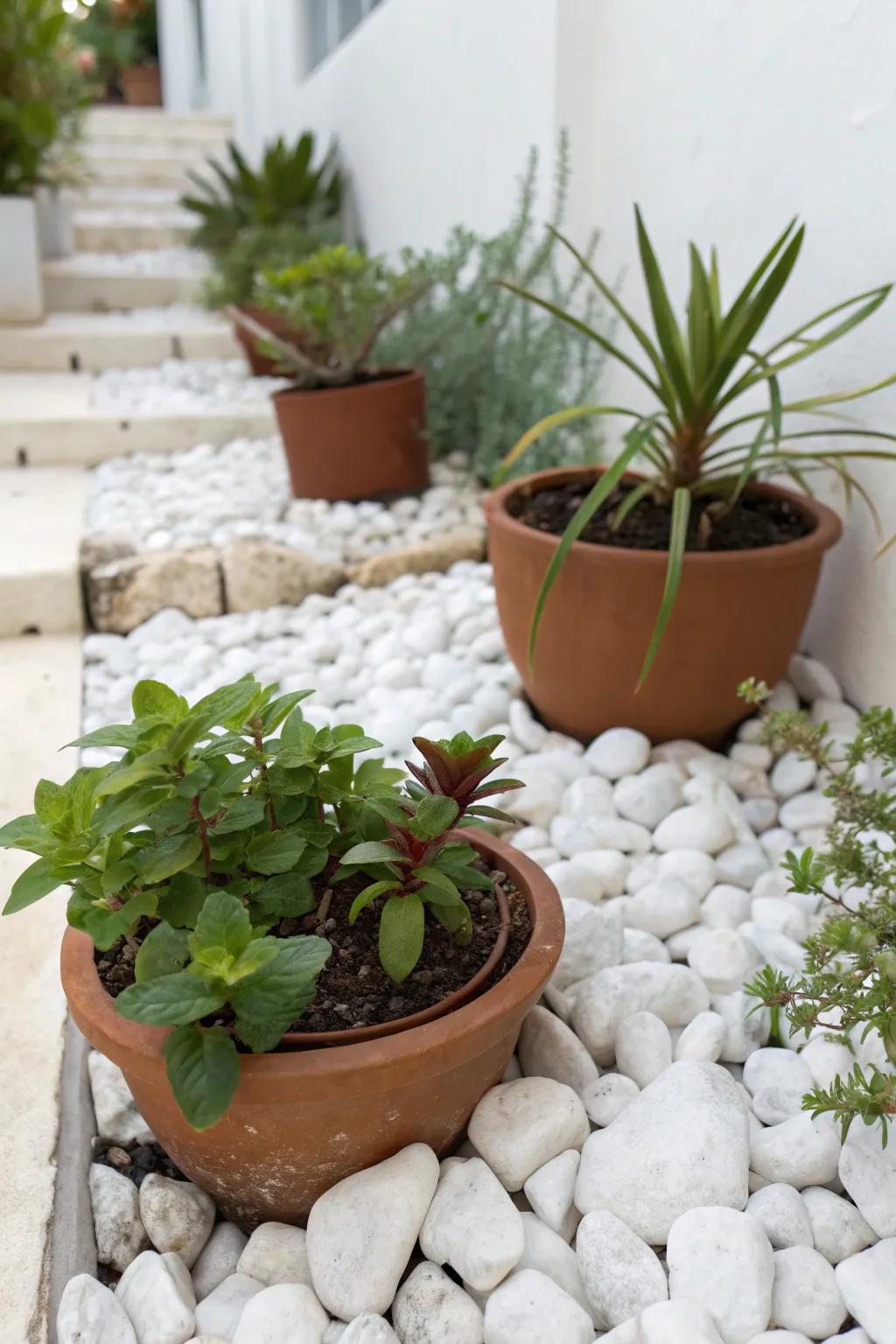 An arrangement of potted plants positioned on a white stone bed, layering the garden's design.