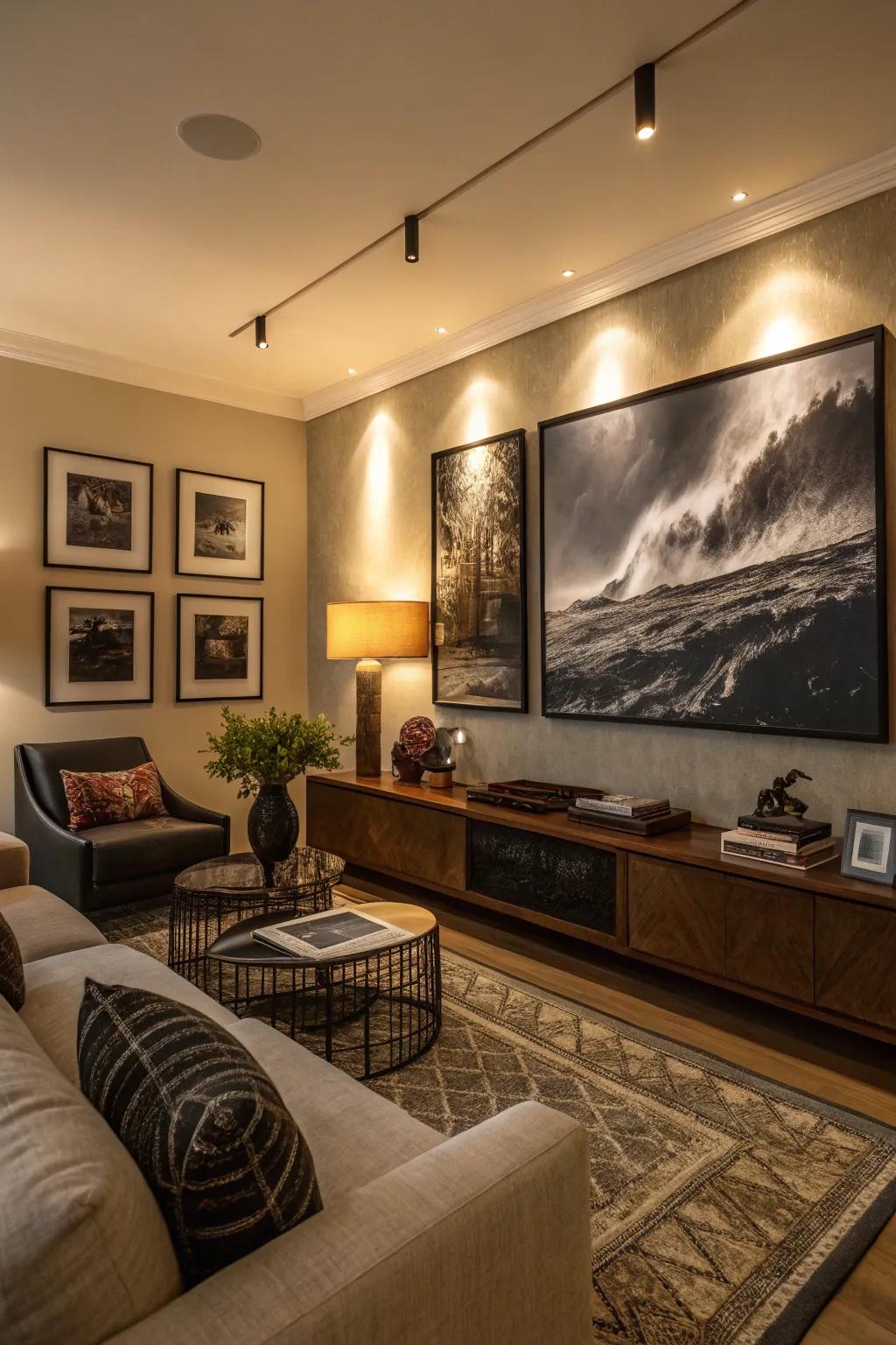 Artistic elements in a calmly lit living room that includes a gallery wall.