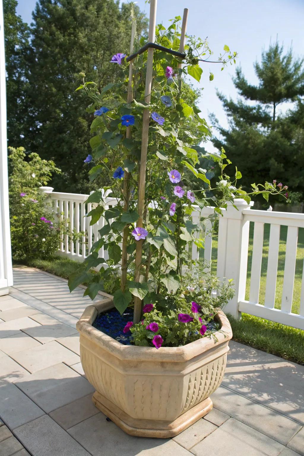 Container garden featuring morning glories ascending a small trellis.
