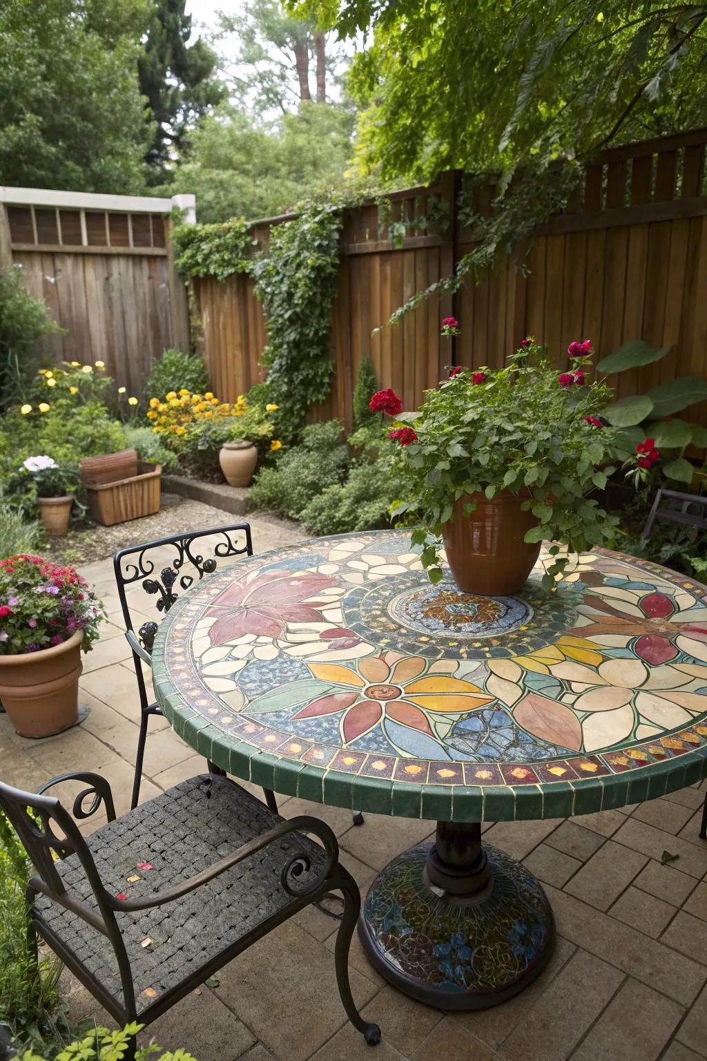 An exterior mosaic table infuses dynamic style into garden environments.
