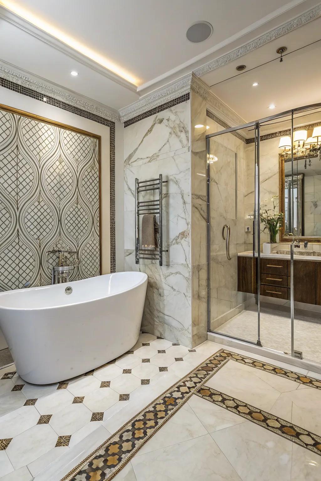 A bathroom styled with luxurious marble mosaic features.