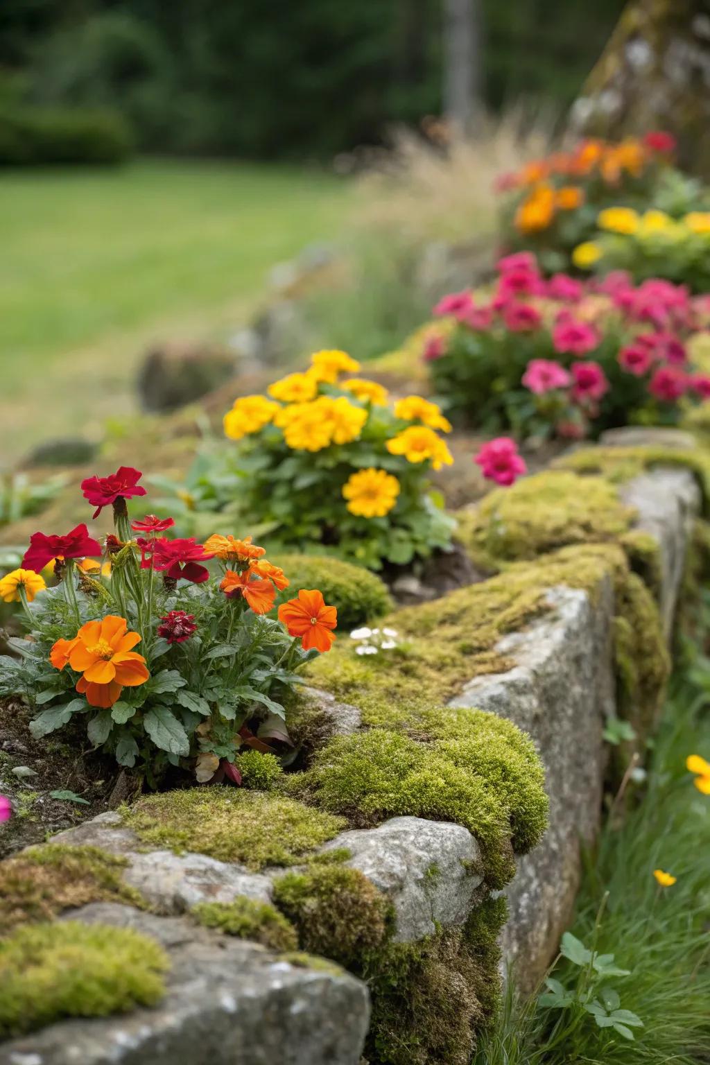A beautifully framed flower bed with moss stone edging.