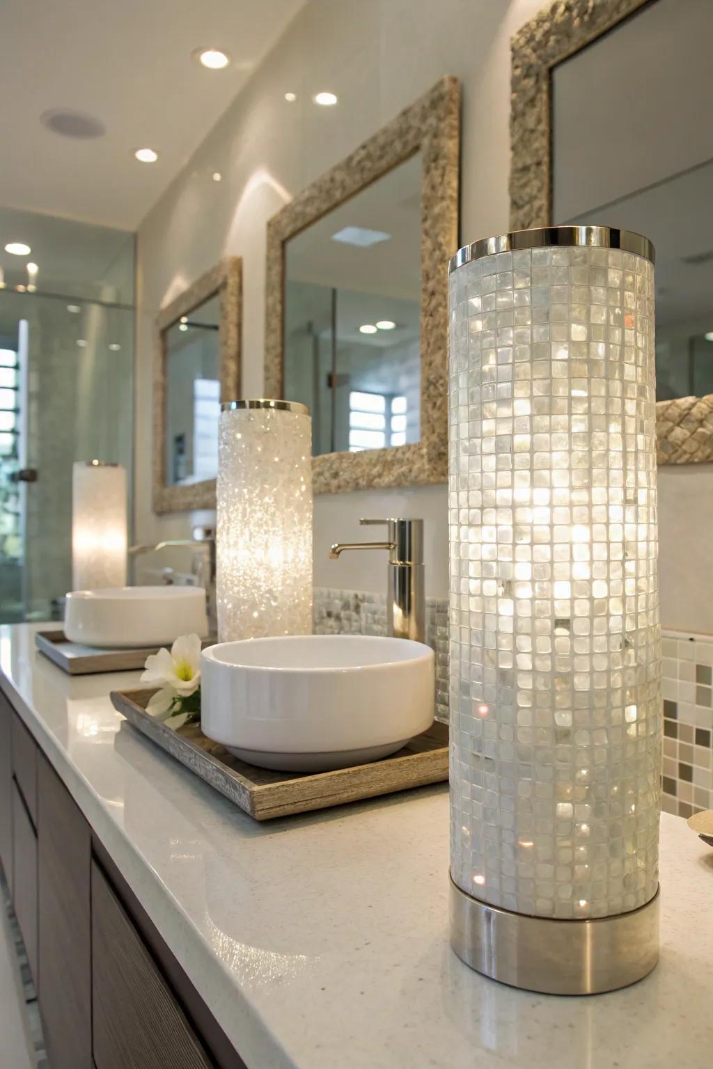 Strategic lighting enhances the inherent shine of nacre tiles.