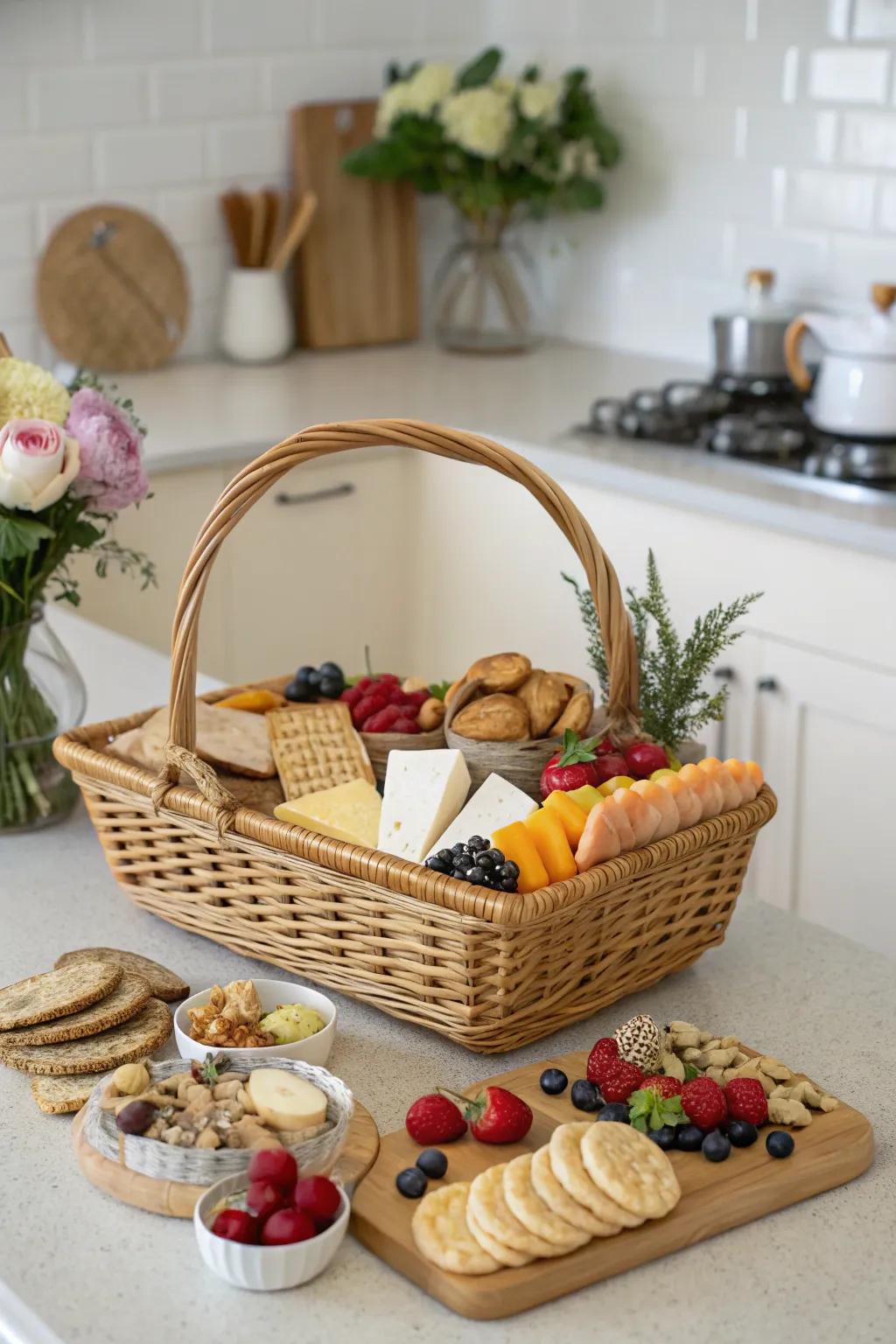 An exquisite basket overflowing with delightful treats for commemorating new home events.