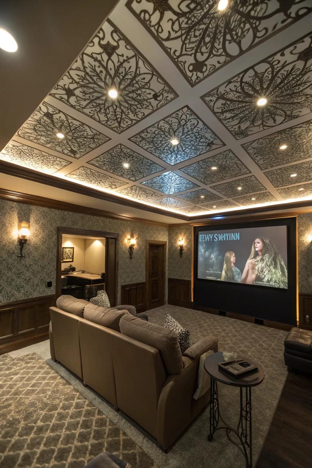 An eye-catching ceiling adds flair to your movie room.