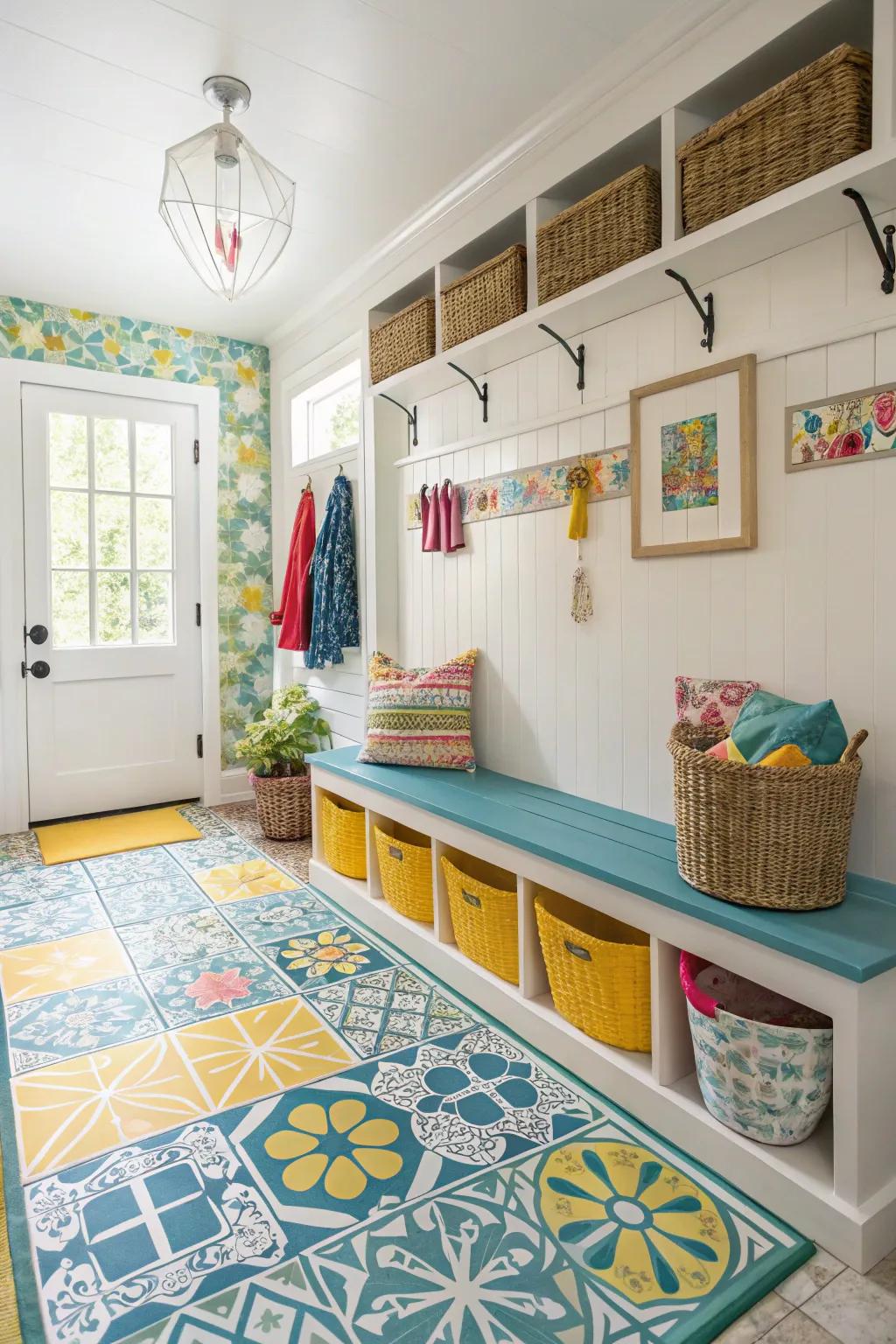 Patterned vinyl tiles introduce a splash of color and personality to your mudroom.