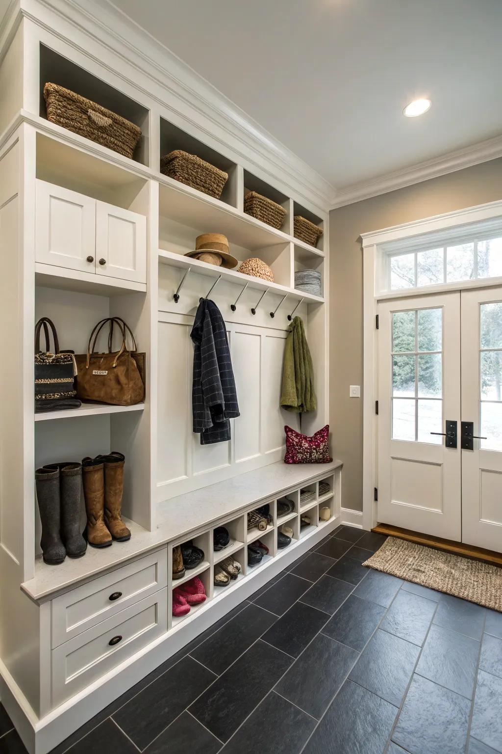 A mudroom that features smooth integrated cabinets, complete with movable shelving for flexible storage.