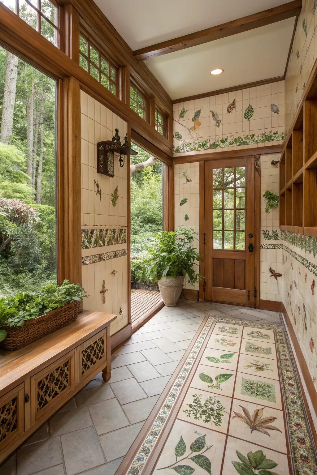 Nature-inspired tiles fostering serenity in a mudroom