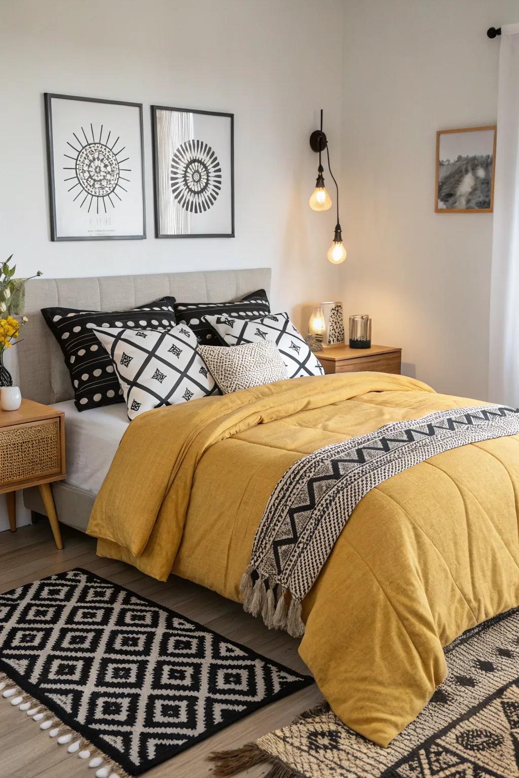 A chic bedroom with the ideal harmony of goldenrod and monochrome.