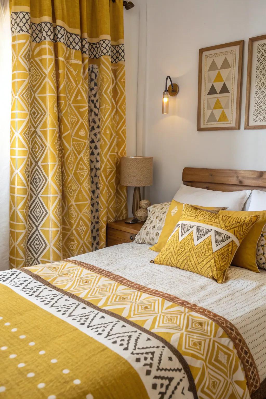 A bedroom showcasing designed textiles displaying wheat and geometrical compositions.