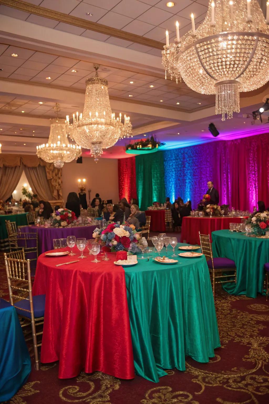 A vibrant gem-tone color palette adds a unique style to the celebration.