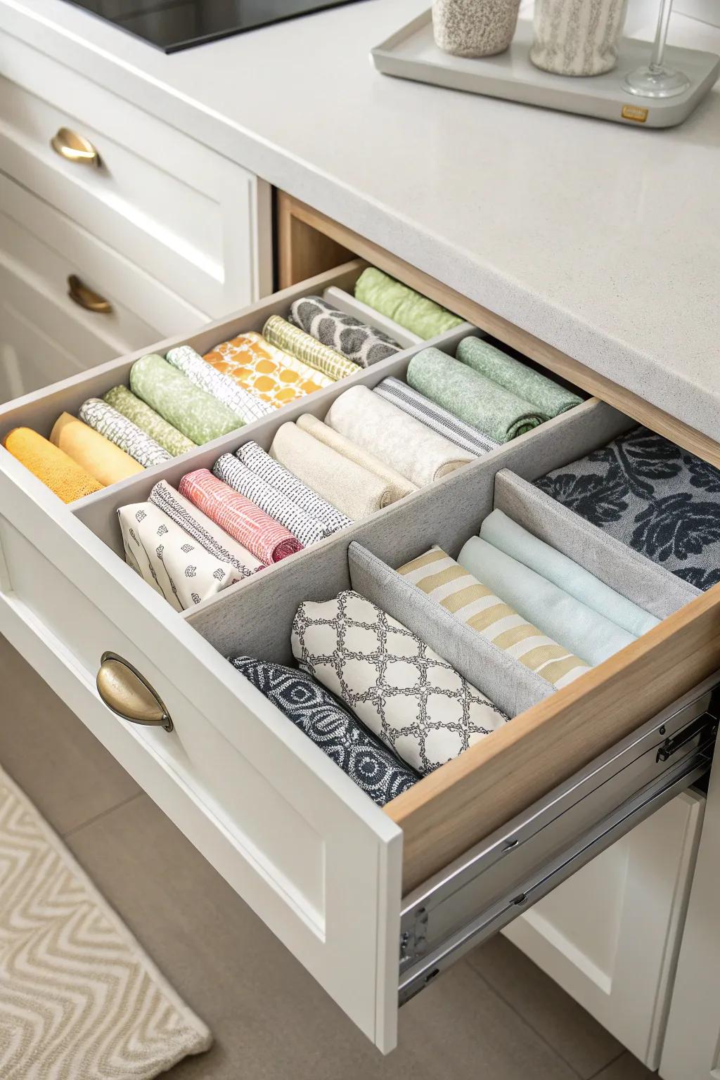 Drawer separators creating an organized and aesthetically pleasing napkin storage solution.
