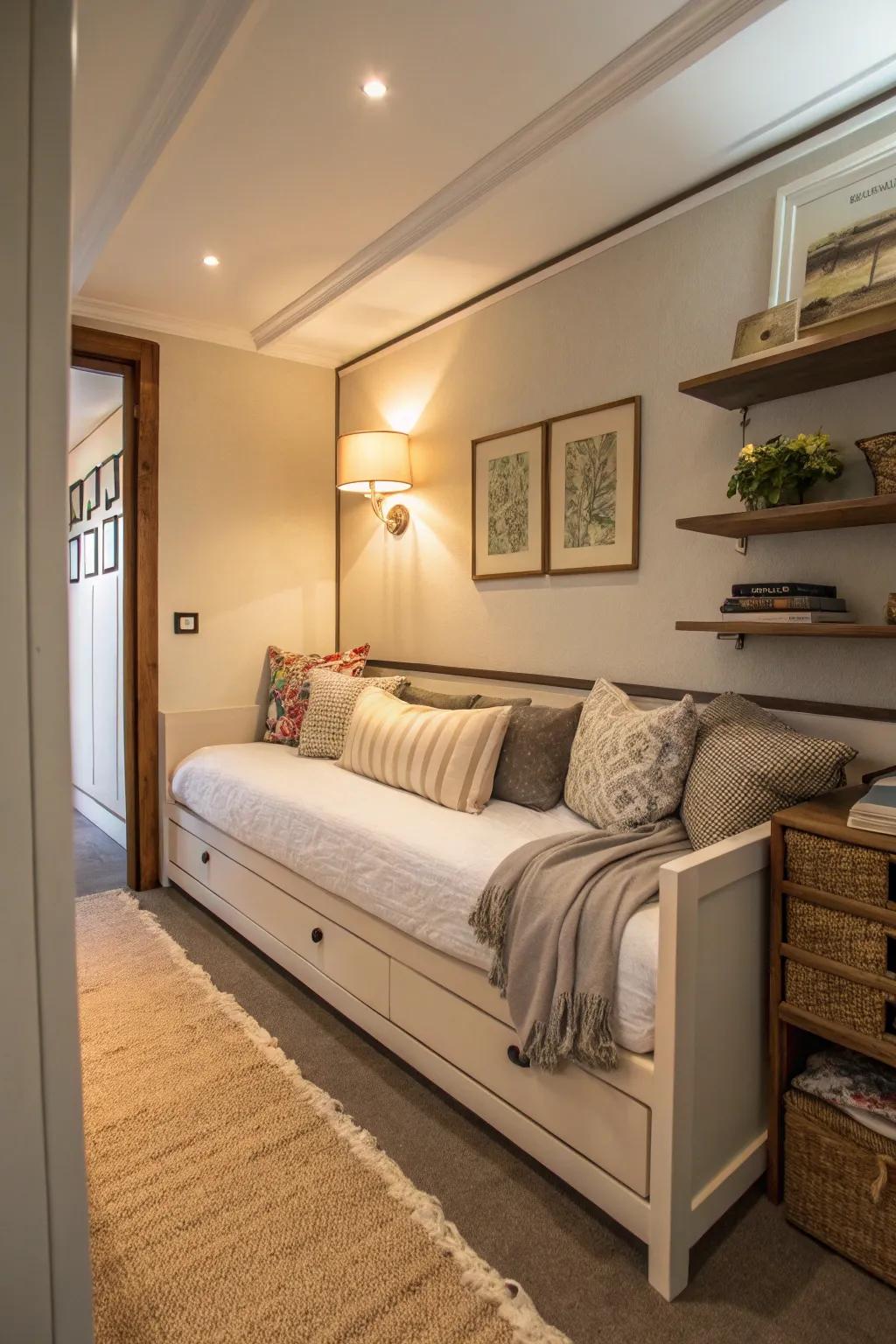 A stylish daybed provides flexible seating and sleeping options in a slender bedroom.