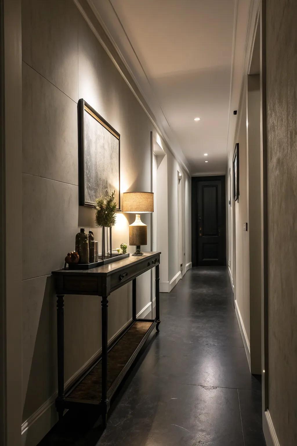 Slender furnishings can add both utility and flair to a narrow hallway.
