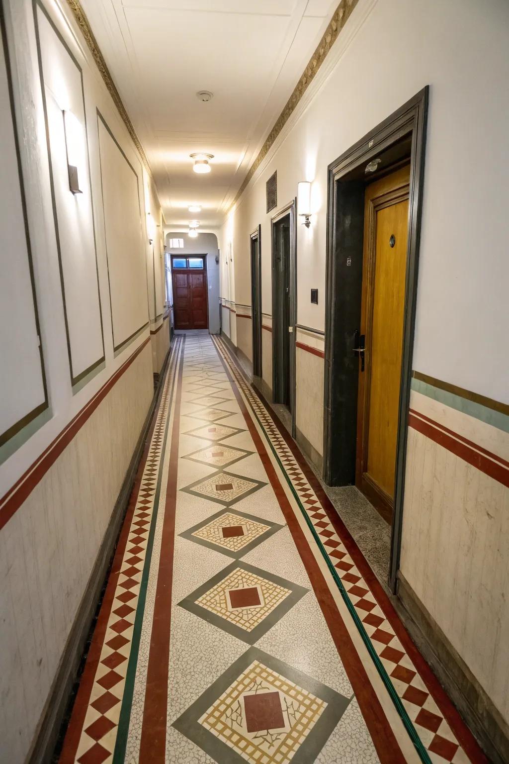 Contrasting borders can frame and define the floor of a narrow hallway.