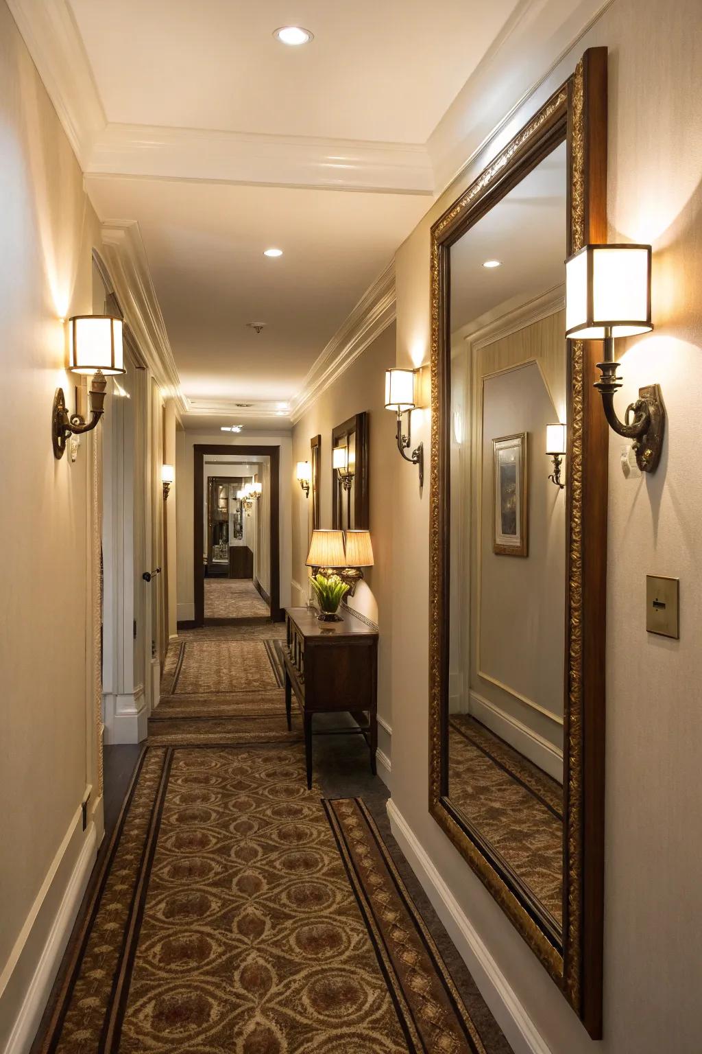 Mirrors enhance light and create a sense of spaciousness in slender hallways.
