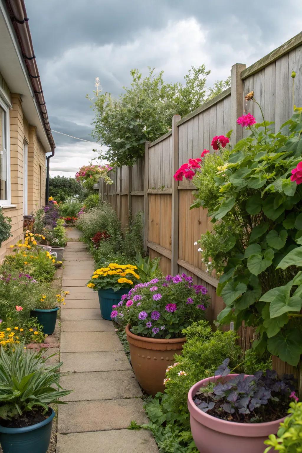 Potted plants provide flexibility and elegance in narrow areas.