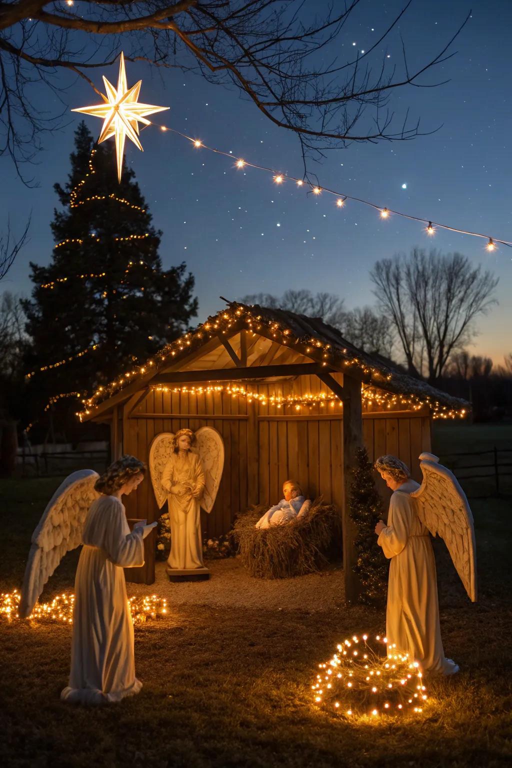 Angelic figures and radiant lights fashion a serene nativity scene.