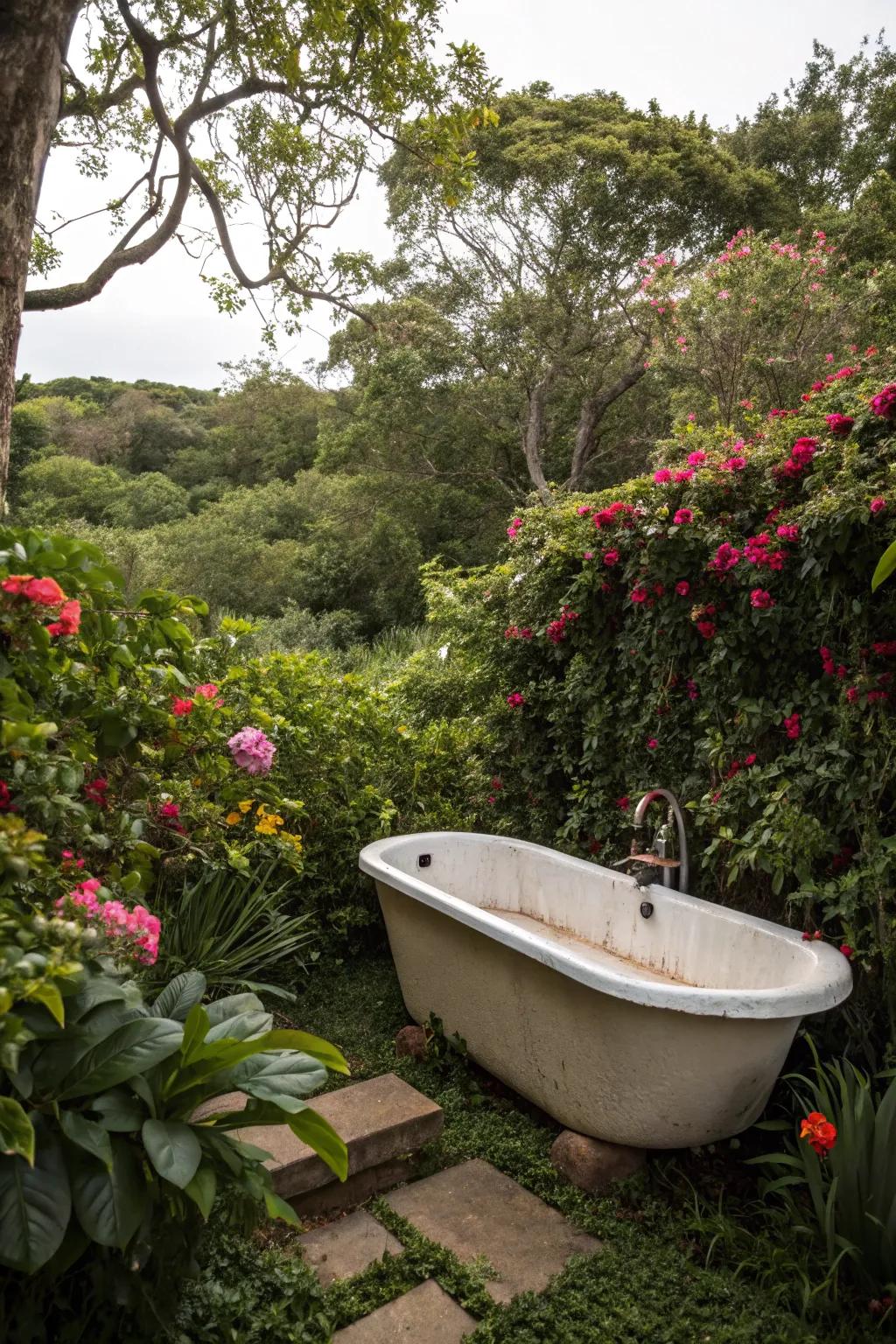 Find peace in an enchanted garden with a private outdoor tub.