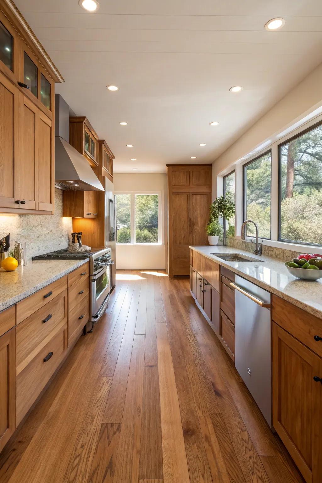 Timber flooring cultivates a unified and consistent culinary blueprint.