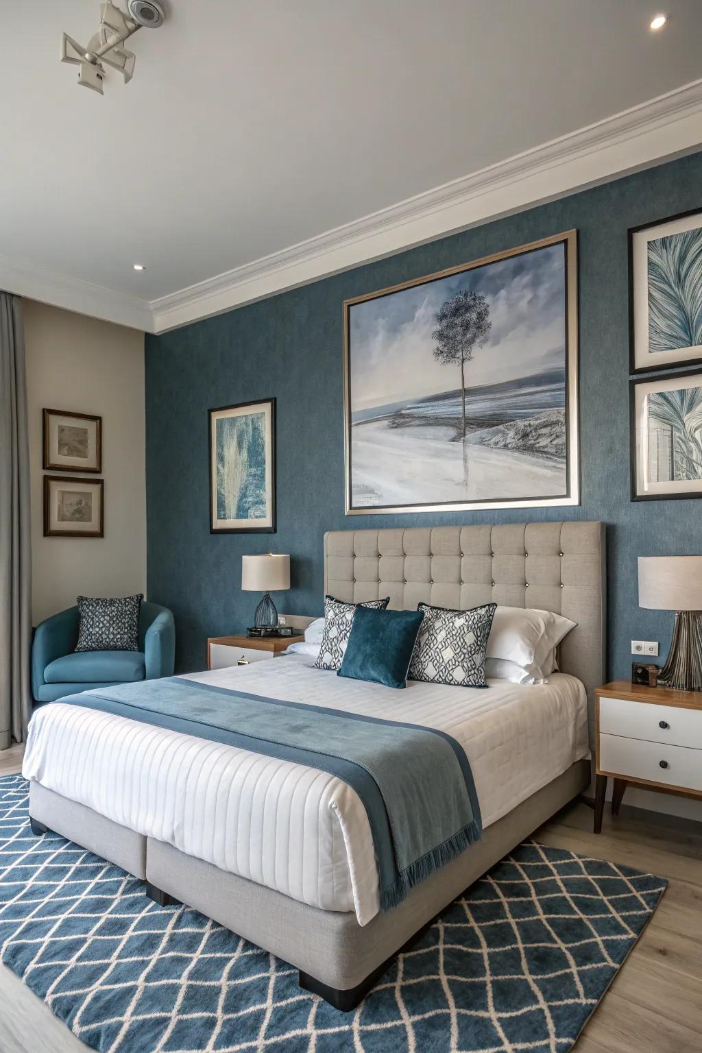 Artwork featuring blue and grey tones enhances the calming atmosphere of this bedroom.