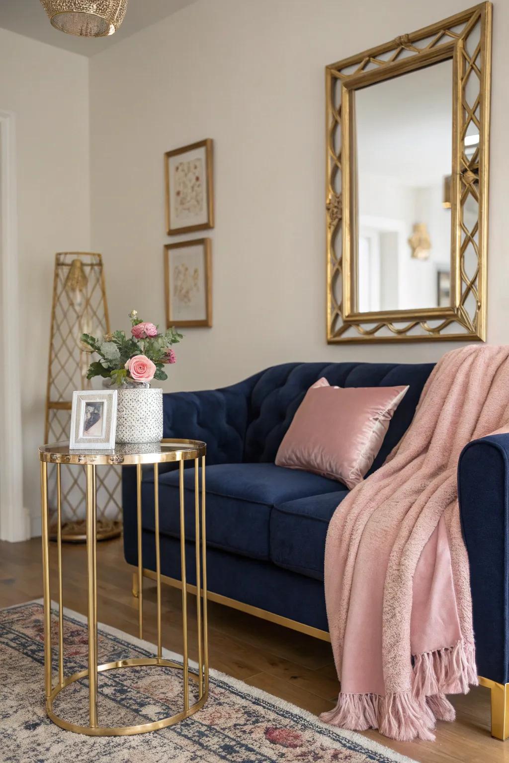 Gilded details provide a touch of glamour to the navy and rose design.