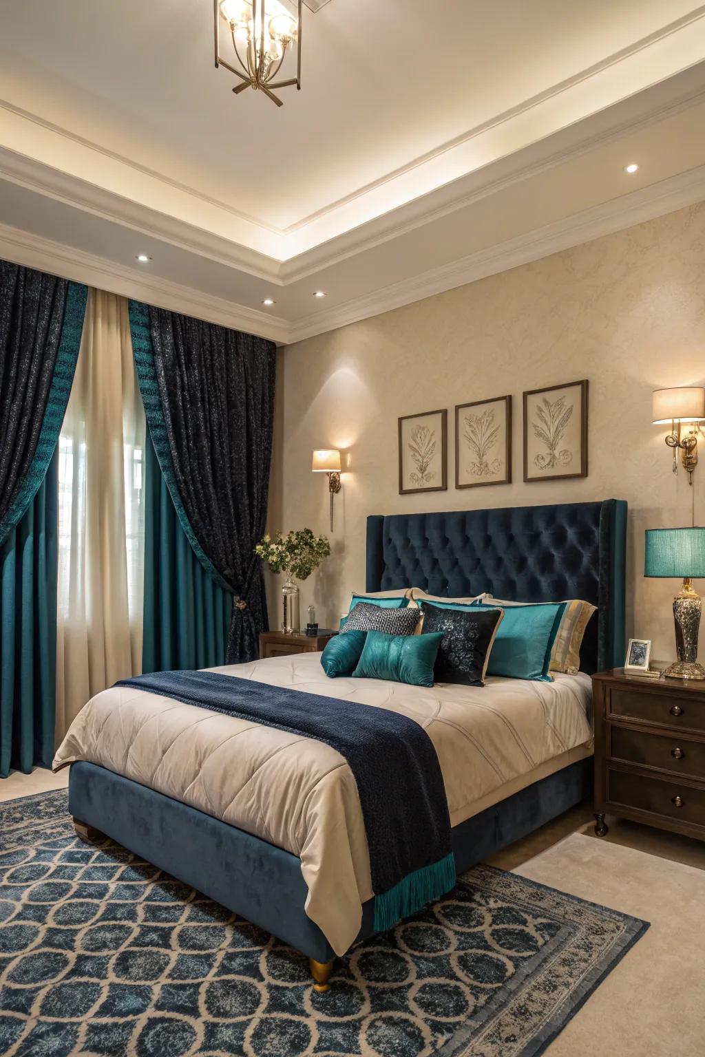 Navy curtains add a refined window frame to the teal-themed room.