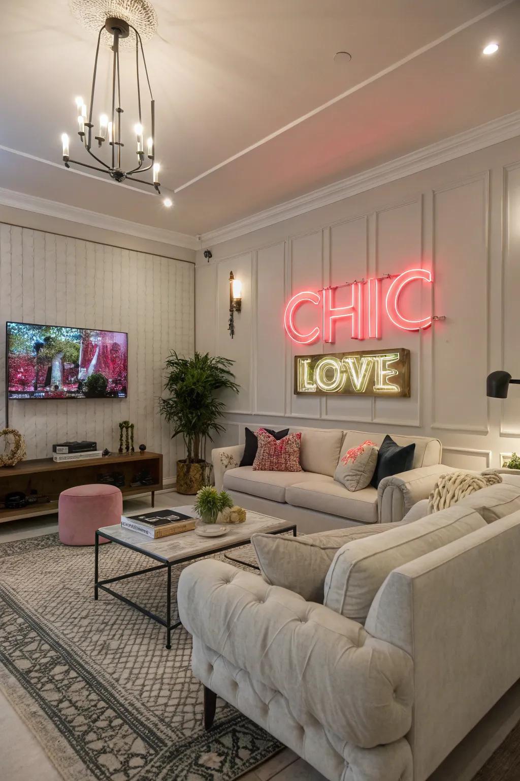 Create a striking statement using a neon illumination in your communal space.