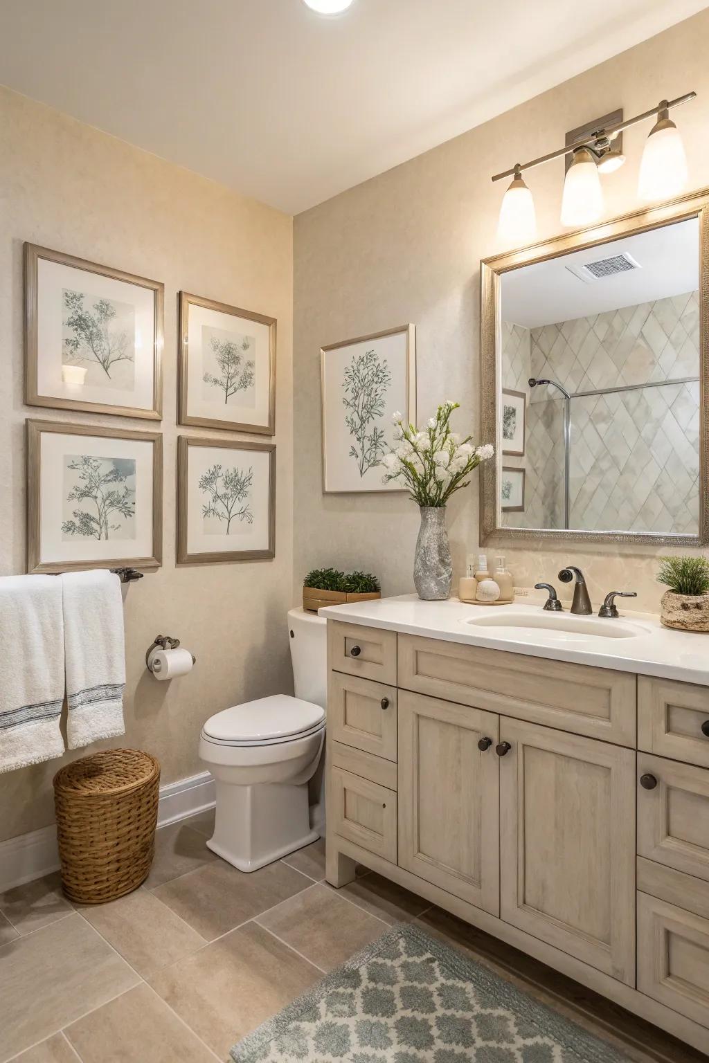 Discreet graphic prints contribute a personal touch to this neutral bathroom.