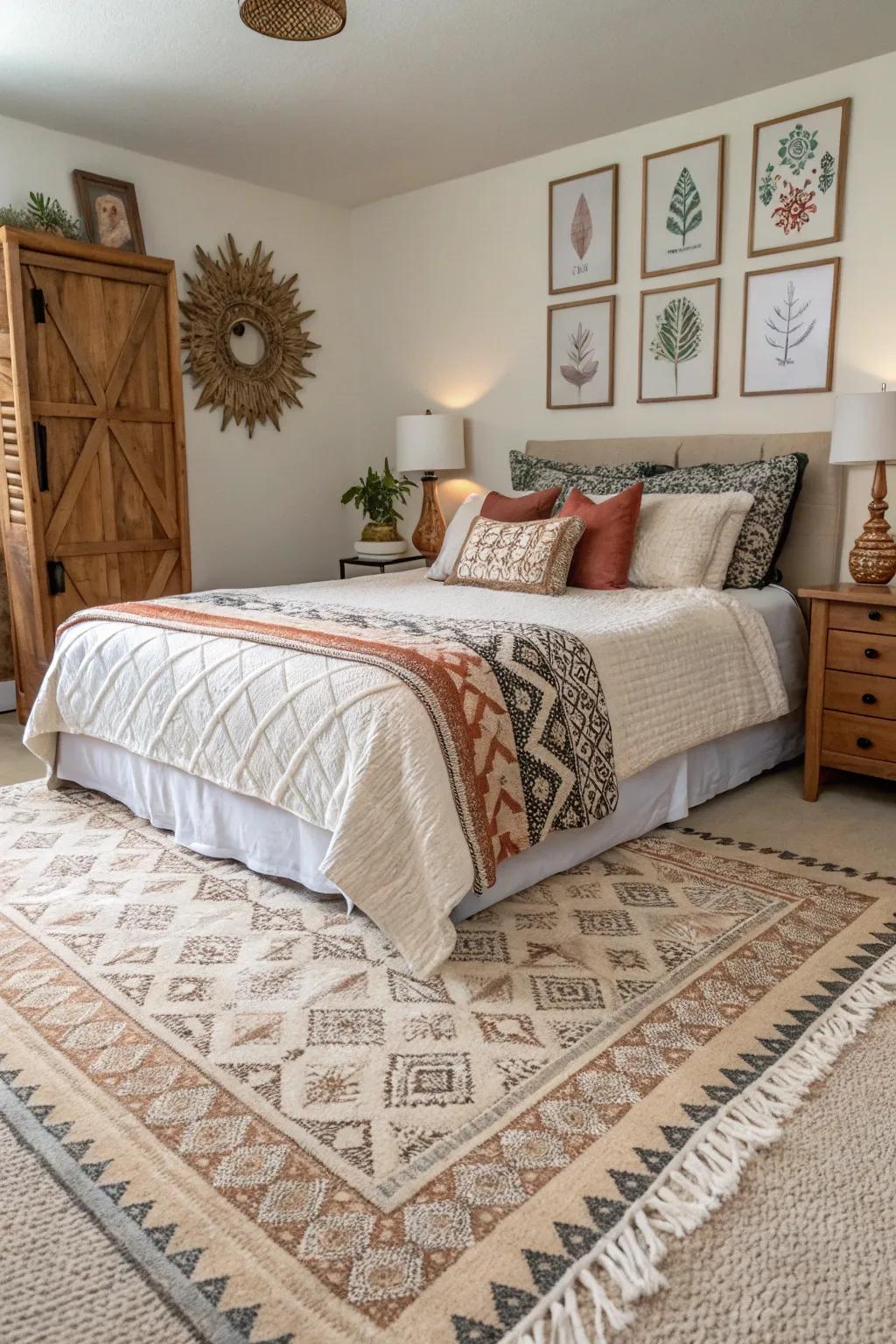 Overlaying coverings on neutral carpets introduces both style and comfort.