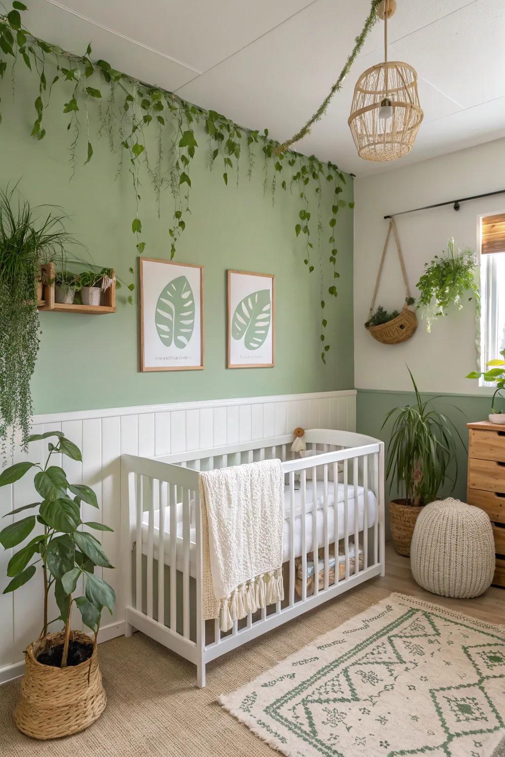 A revitalizing baby room featuring delicate verdant undertones.