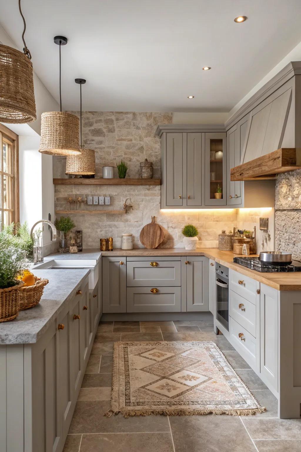 A cooking area presenting a calming neutral spectrum, ideally suited for an enduring aesthetic.