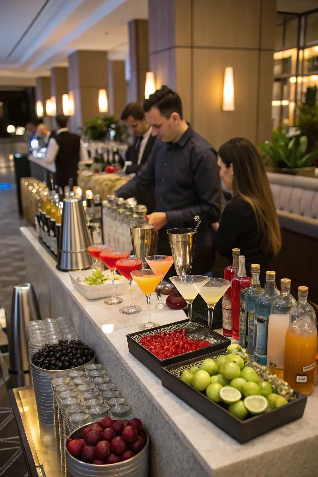 A personalized cocktail station permits attendees to craft their flawless drink.