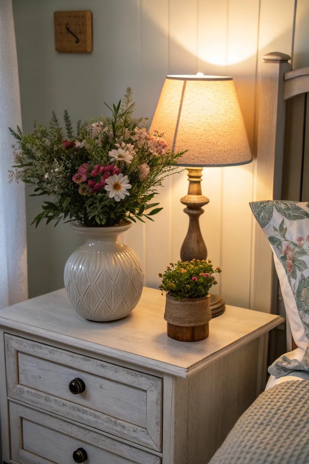 Enrich your space with natural beauty by adding plants to your nightstand decor.