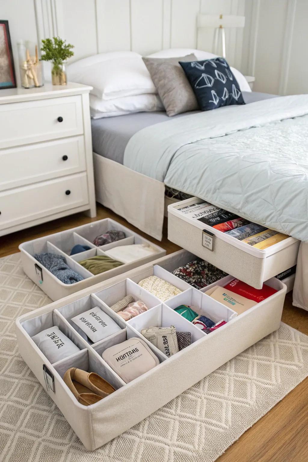 Under-bed storage maintains objects accessible while concealed.