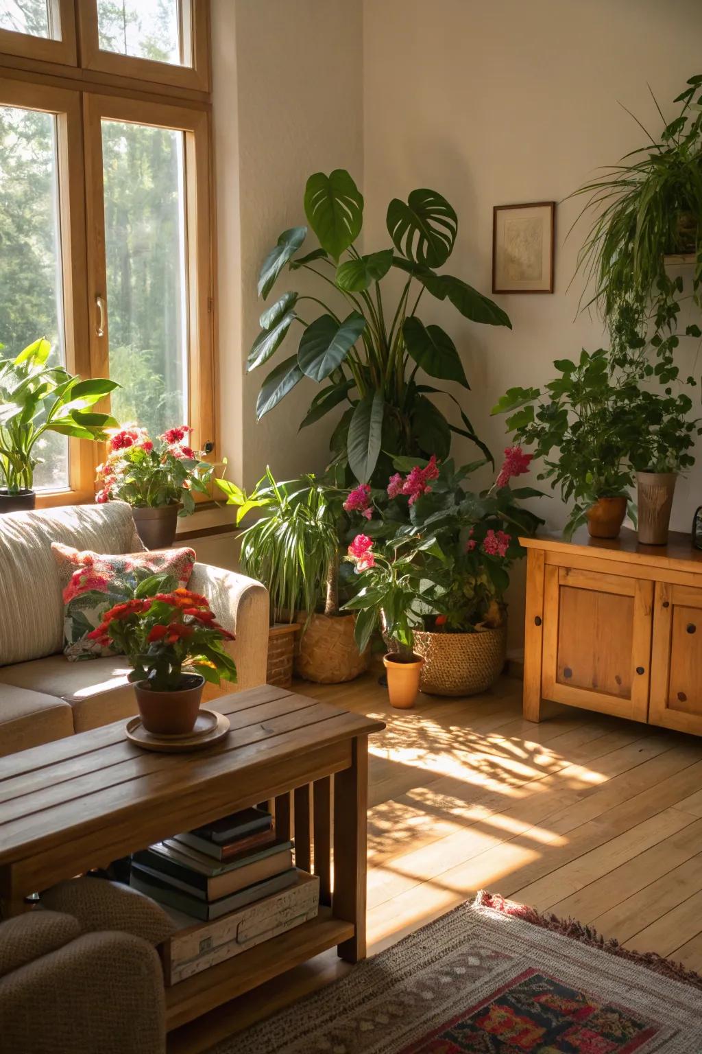 Incorporating nature indoors through the use of plants and wood details.