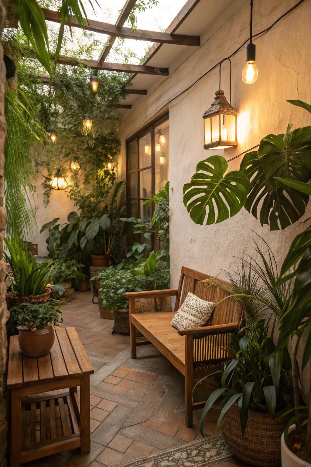 A tranquil nook showcasing natural accents like plants and wood.