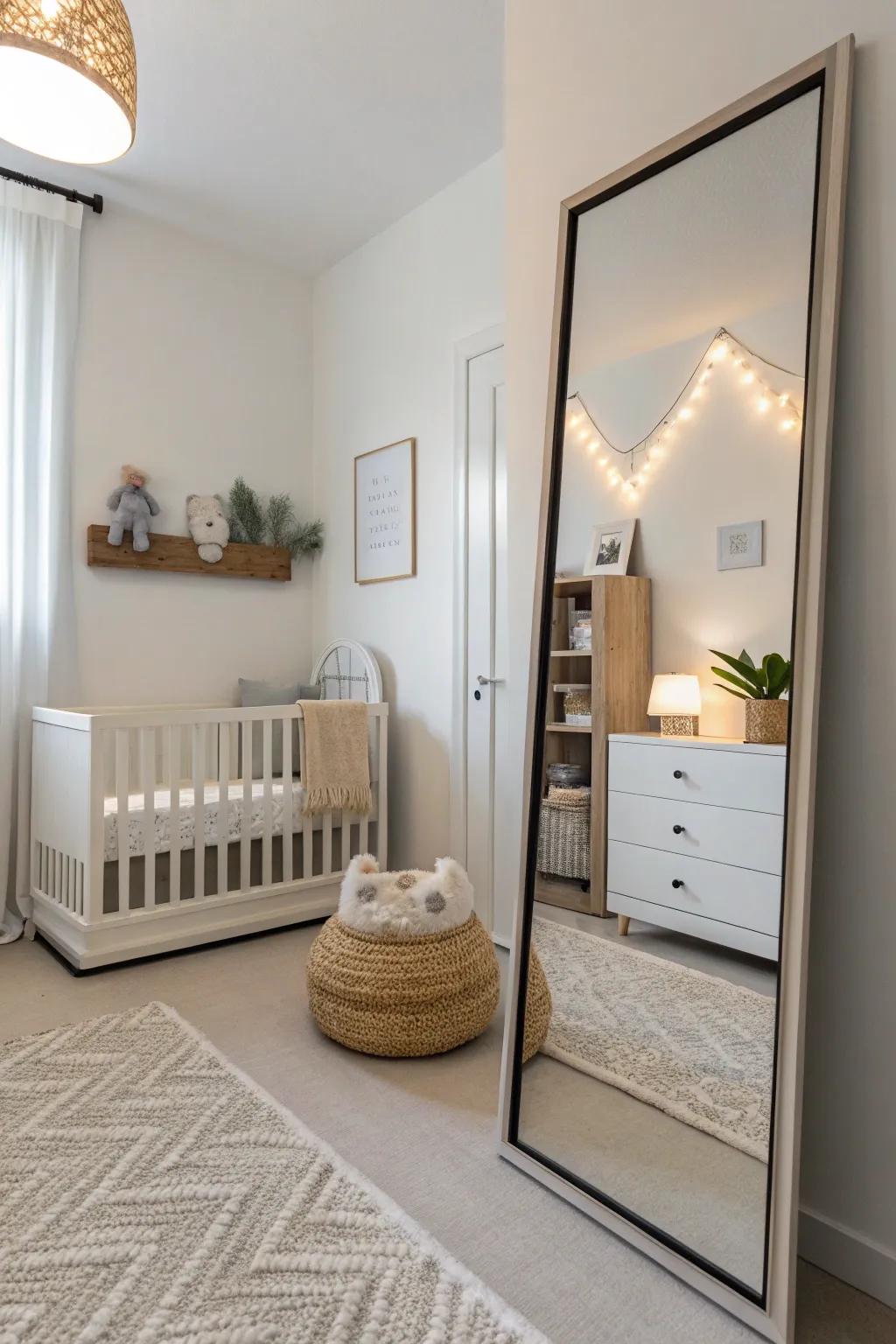 A minimalist nursery featuring a sleek mirror that elevates its understated beauty.