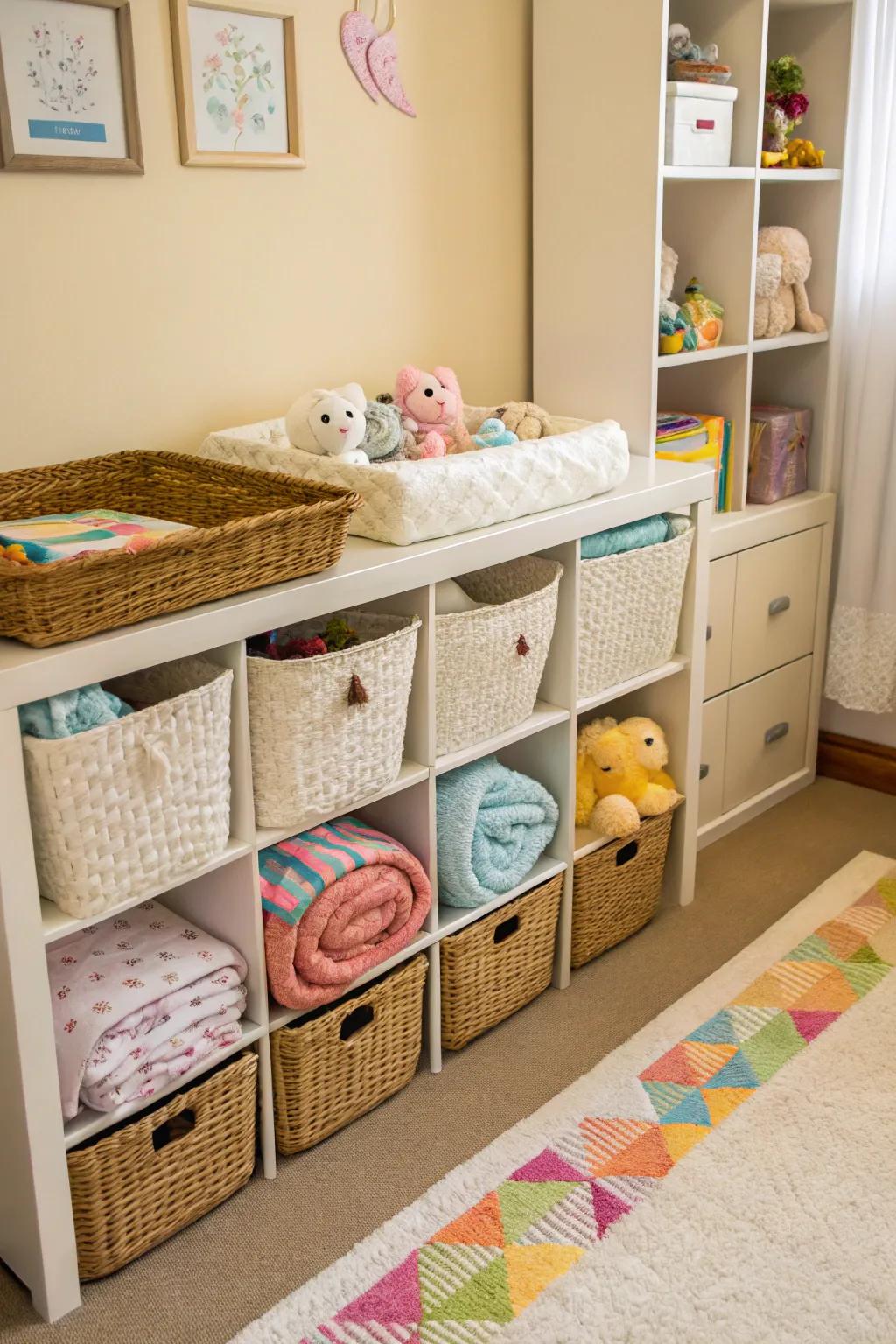 Nursery storage with stylish decorative bins and baskets.